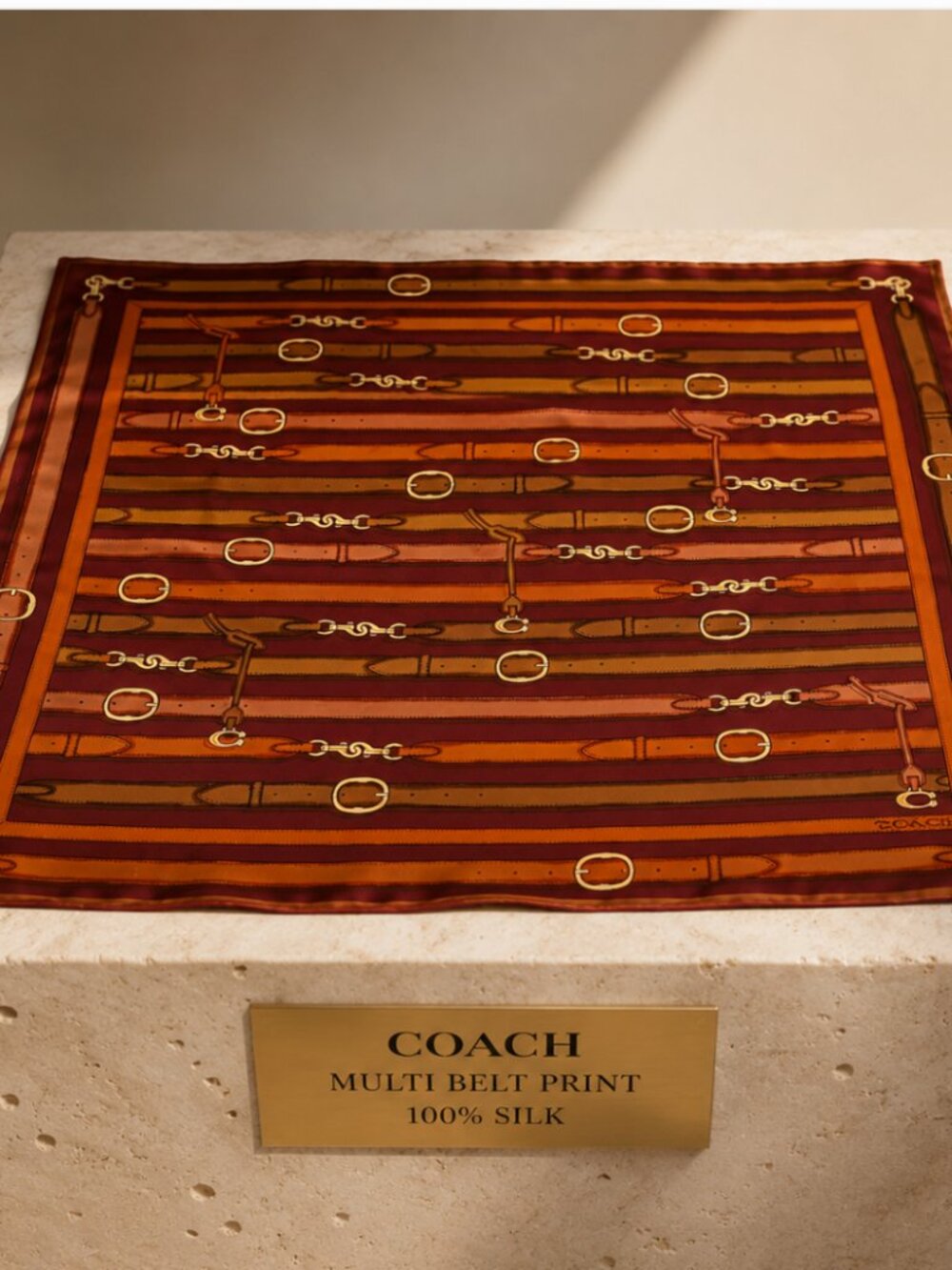 Coach Multi Belt Print Silk Square Scarf Dark Wine 35" 100% Silk NWT